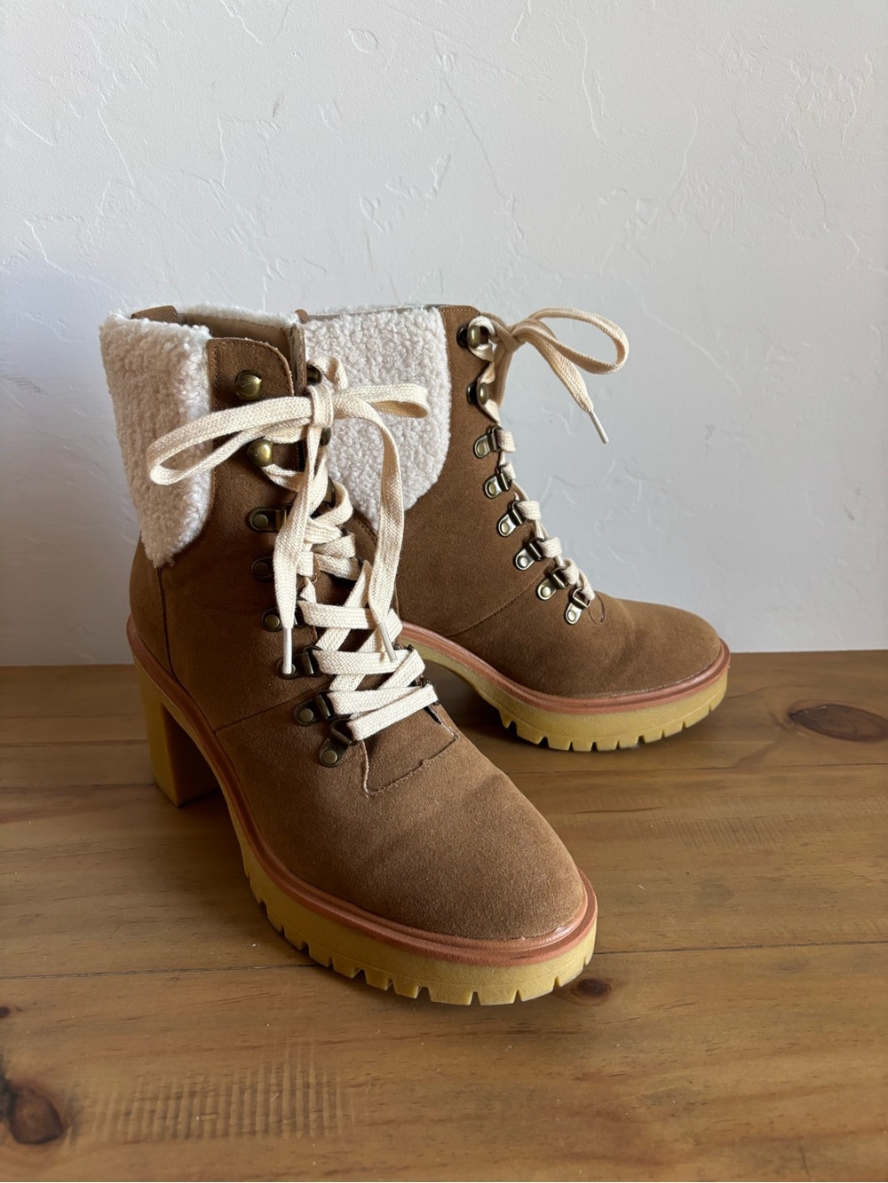 Women's Tan Suede Lace-Up Shearling-Trim Heel Boot